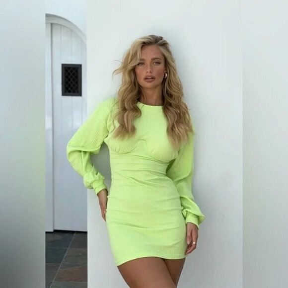NWT Sabo Skirt Koi Ribbed Long Sleeve Bustier Mini Dress In Lime L​​​​​​​​​ - Picture 1 of 7